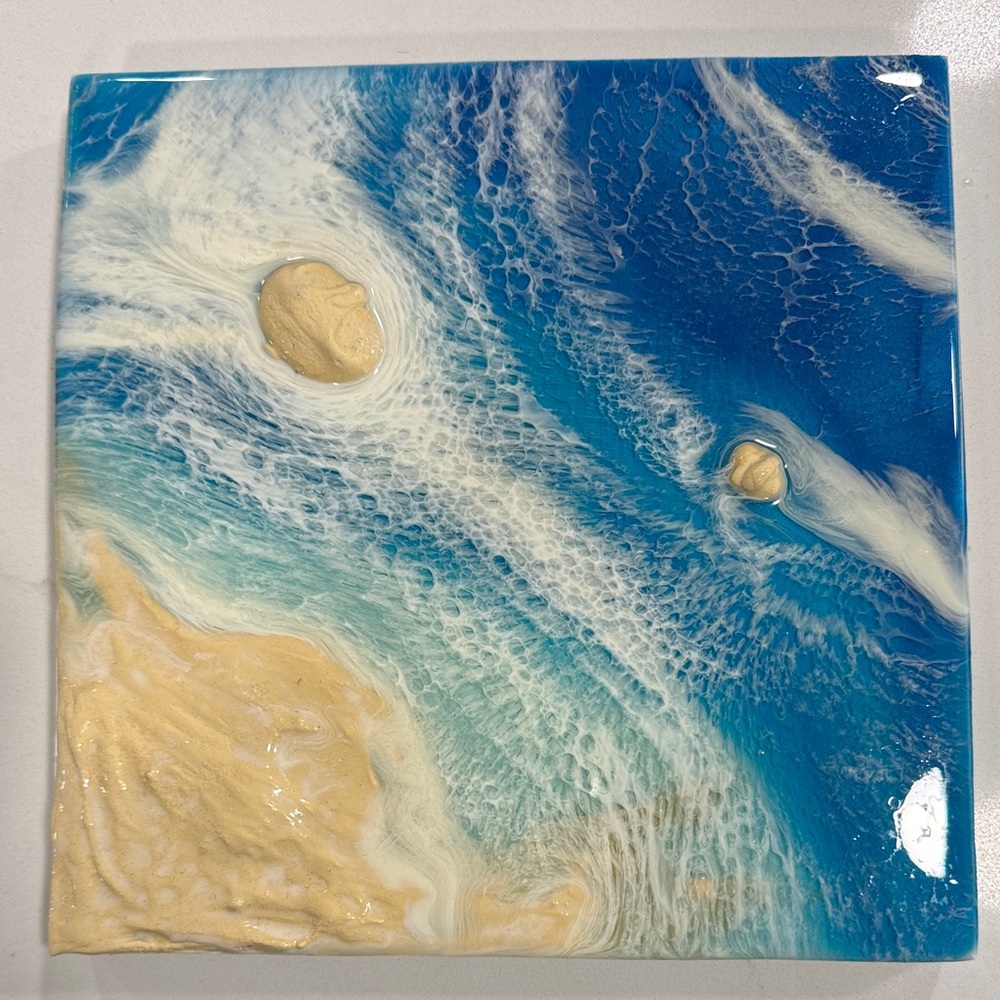 Oceanic Blue and Cream Abstract Resin Art on Wood Canvas